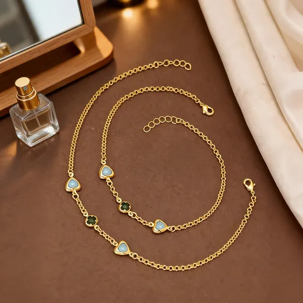 Gold_Brass_Blue_Green_Charm_Chain_Anklet_Set_For_Women
