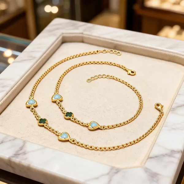 Gold_Brass_Blue_Green_Charm_Chain_Anklet_Set_For_Women