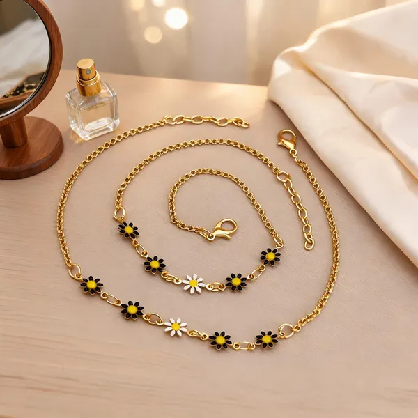 Gold_Brass_Floral_Chain_Necklace_Bracelet_Set_For_Women