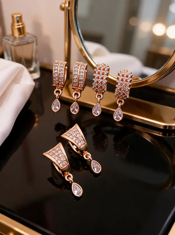 Rose_Gold_Brass_Crystal_Rectangular_Teardrop_Drop_Earrings_Set_For_Women