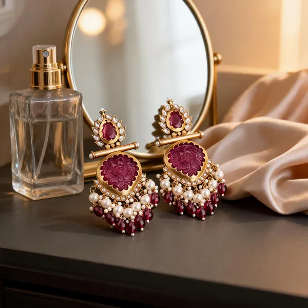 Maroon_Gold_Brass_Pearl_Beaded_Jhumka_Earrings_For_Women