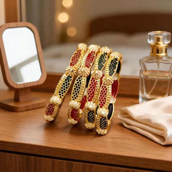Gold_Brass_Red_Black_Enamel_Honeycomb_Bangles_Set_Pack_Of_2