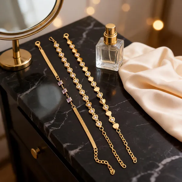 Gold_Brass_Heart_Motif_Chain_Bracelet_Set_For_Women