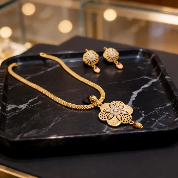 Gold_Brass_Floral_Pendant_Necklace_And_Earrings_Set_For_Women