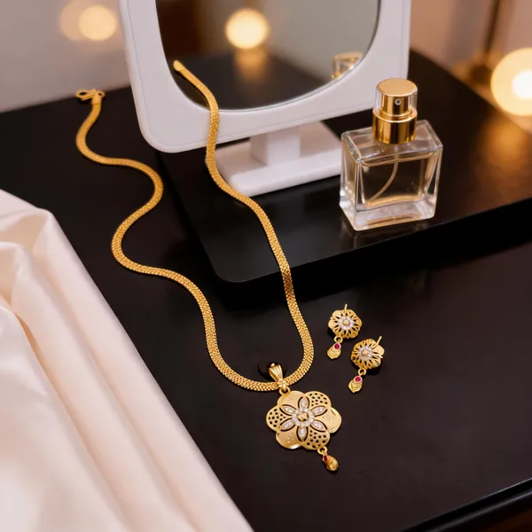 Gold_Brass_Floral_Pendant_Necklace_And_Earrings_Set_For_Women