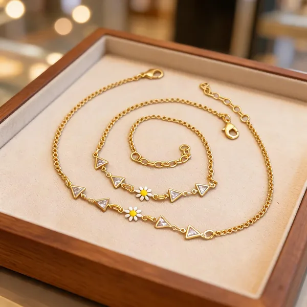 Gold_Brass_Floral_Triangle_Charm_Necklace_Bracelet_Set_For_Women