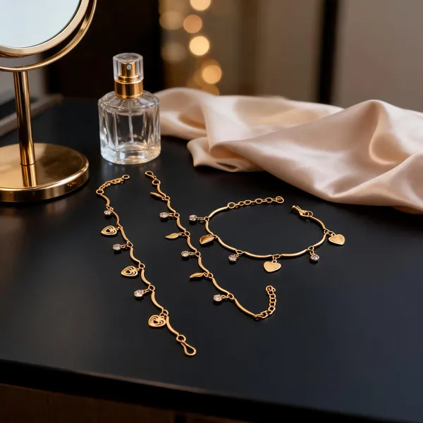 Gold_Brass_Heart_Charm_Anklet_Bracelet_Set_For_Women
