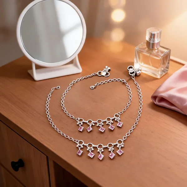 Silver_Brass_Geometric_Charm_Chain_Anklet_Set_For_Women