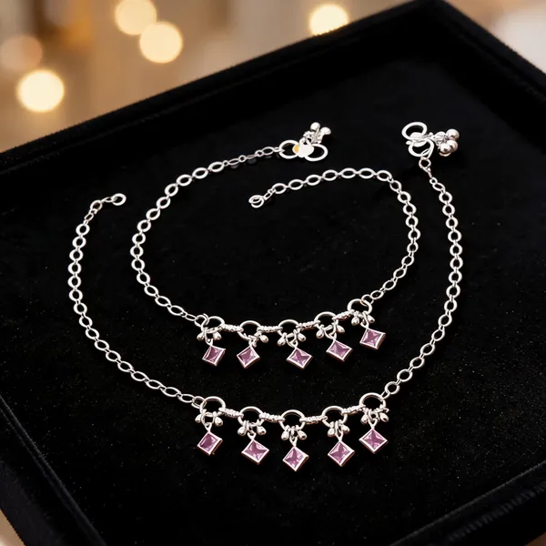 Silver_Brass_Geometric_Charm_Chain_Anklet_Set_For_Women