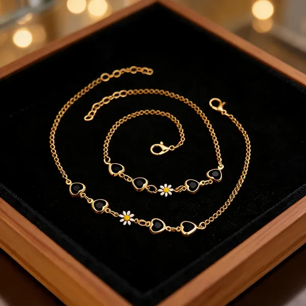 Gold_Brass_Black_Heart_Charm_Necklace_Bracelet_Set_For_Women