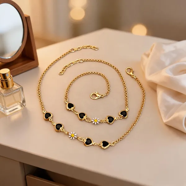 Gold_Brass_Black_Heart_Charm_Necklace_Bracelet_Set_For_Women