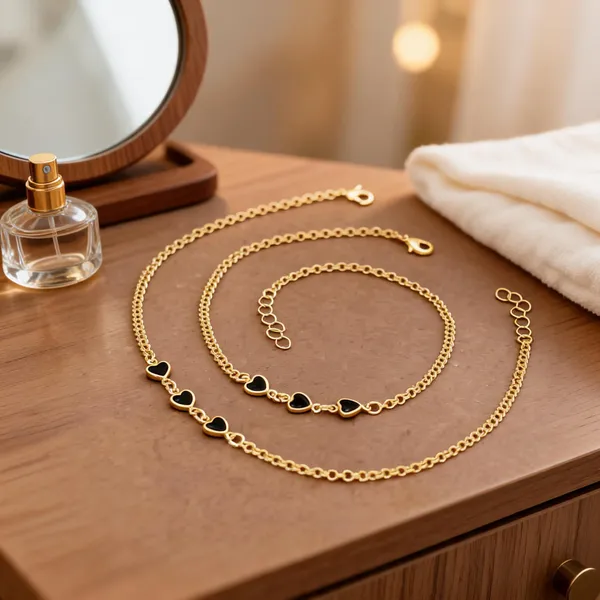 Gold_Brass_Black_Heart_Charm_Necklace_Bracelet_Set_For_Women