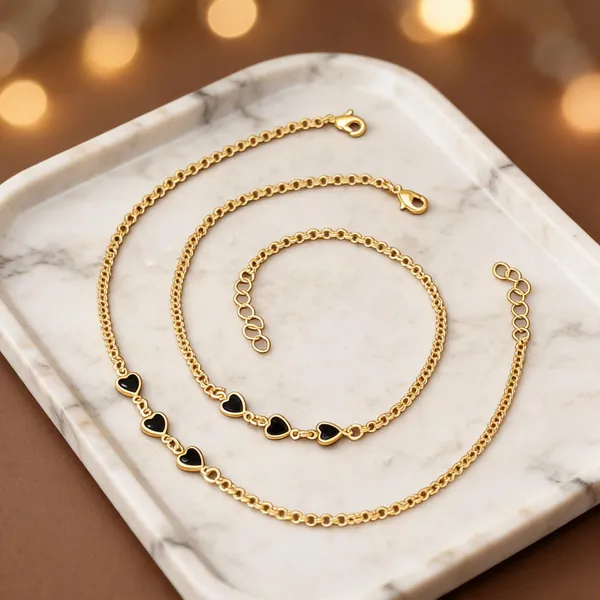 Gold_Brass_Black_Heart_Charm_Necklace_Bracelet_Set_For_Women