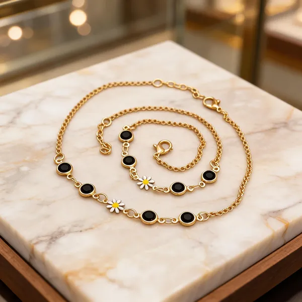 Gold_Brass_Black_Stone_Floral_Chain_Anklet_Set_For_Women