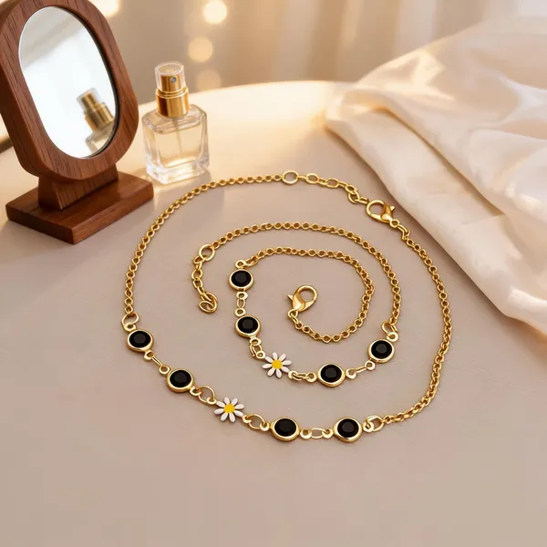 Gold_Brass_Black_Stone_Floral_Chain_Anklet_Set_For_Women