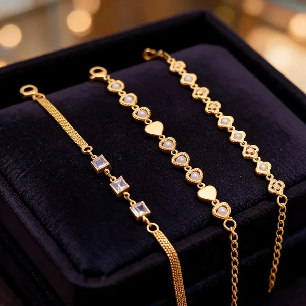 Gold_Brass_Floral_Link_Chain_Bracelet_Set_For_Women