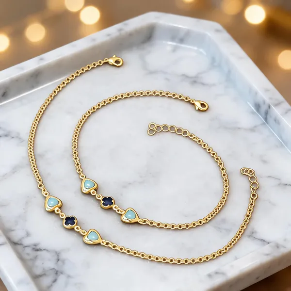 Gold_Tone_Brass_Blue_Heart_Charm_Necklace_And_Bracelet_Set_For_Women