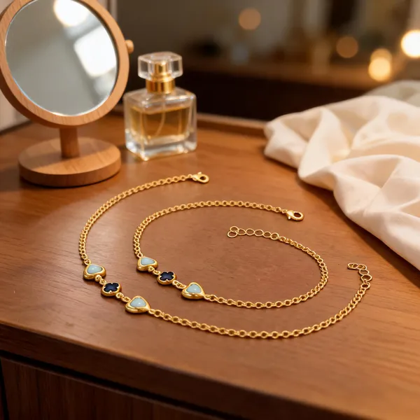 Gold_Tone_Brass_Blue_Heart_Charm_Necklace_And_Bracelet_Set_For_Women