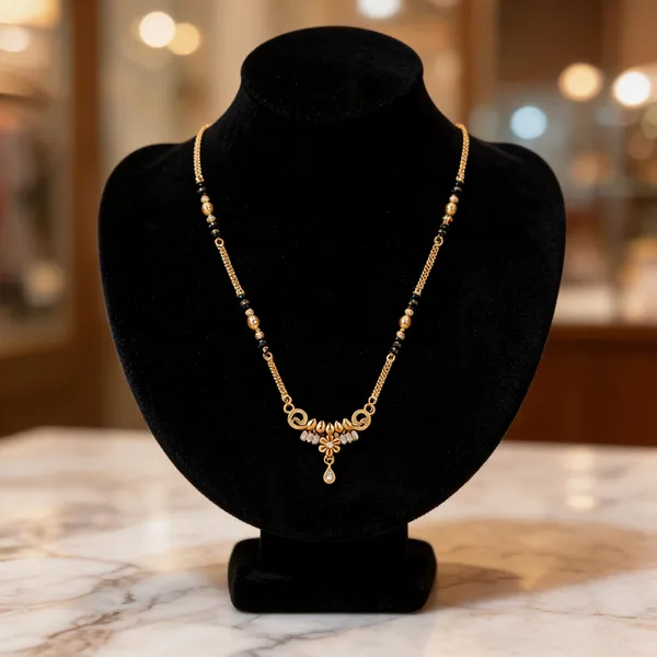 Gold_Brass_Black_Beaded_Floral_Pendant_Necklace_For_Women