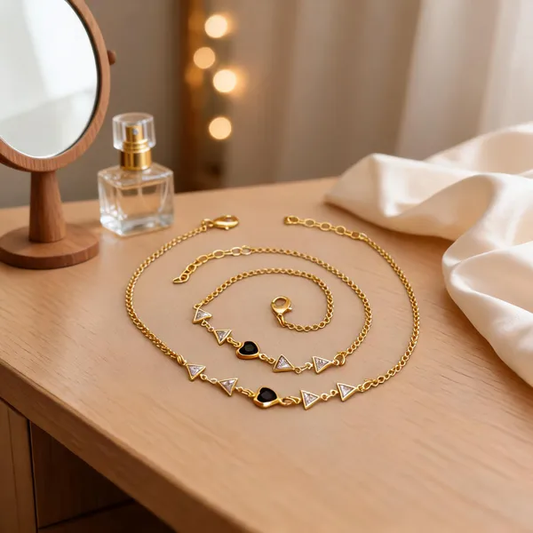 Gold_Brass_Triangle_Black_Heart_Necklace_Bracelet_Set_For_Women