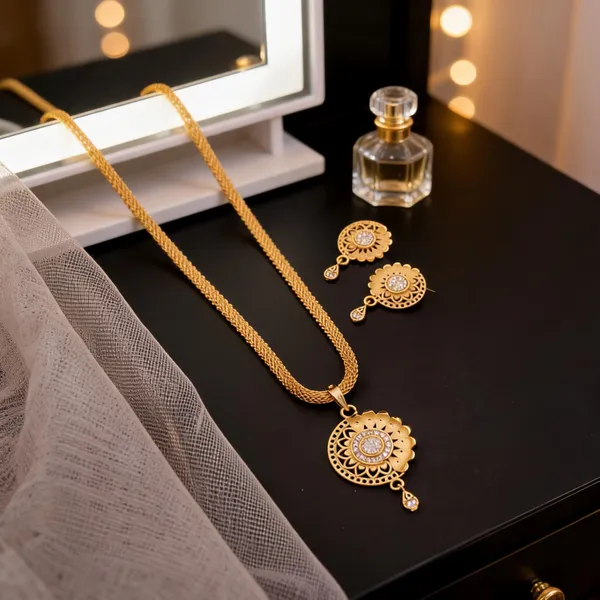 Gold_Brass_Floral_Openwork_Necklace_And_Earrings_Set_For_Women