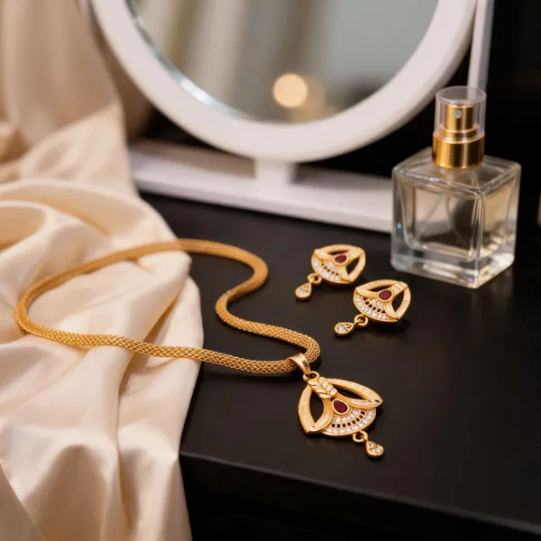 Gold_Brass_Maroon_Stone_Pendant_Necklace_Earrings_Set_For_Women