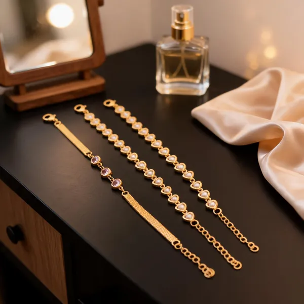 Gold_Brass_Heart_Stone_Accent_Bracelet_Set_For_Women