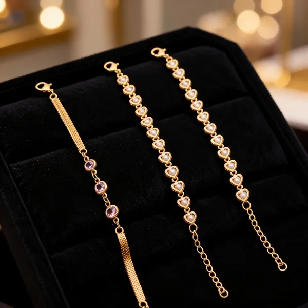 Gold_Brass_Heart_Stone_Accent_Bracelet_Set_For_Women