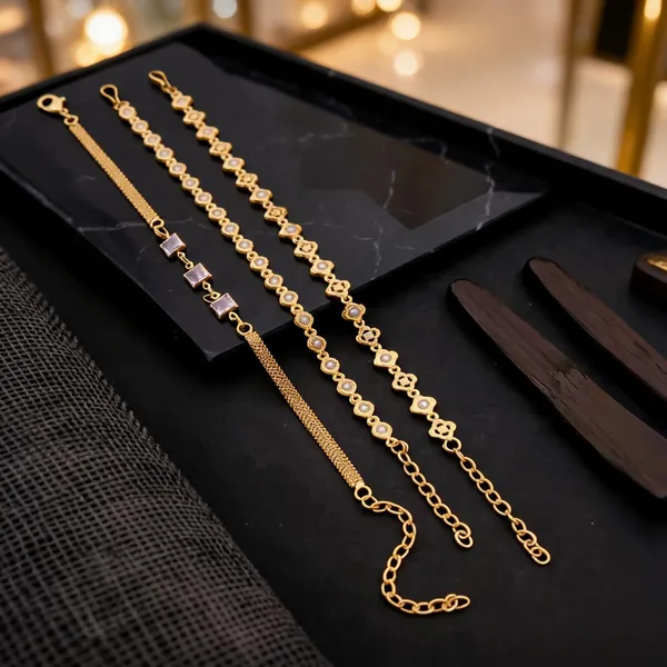 Gold_Tone_Brass_Rhinestone_Chain_Bracelet_Set_For_Women