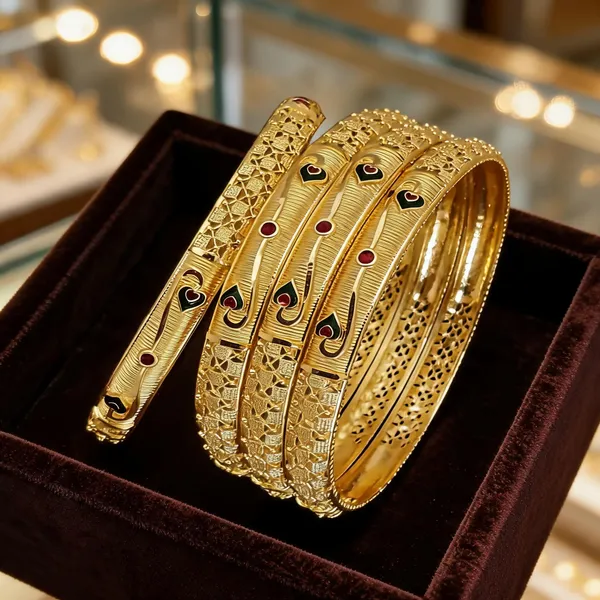 Gold_Brass_Heart_Accent_Textured_Stacked_Bangle_Set_For_Women