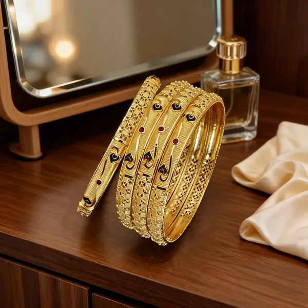 Gold_Brass_Heart_Accent_Textured_Stacked_Bangle_Set_For_Women