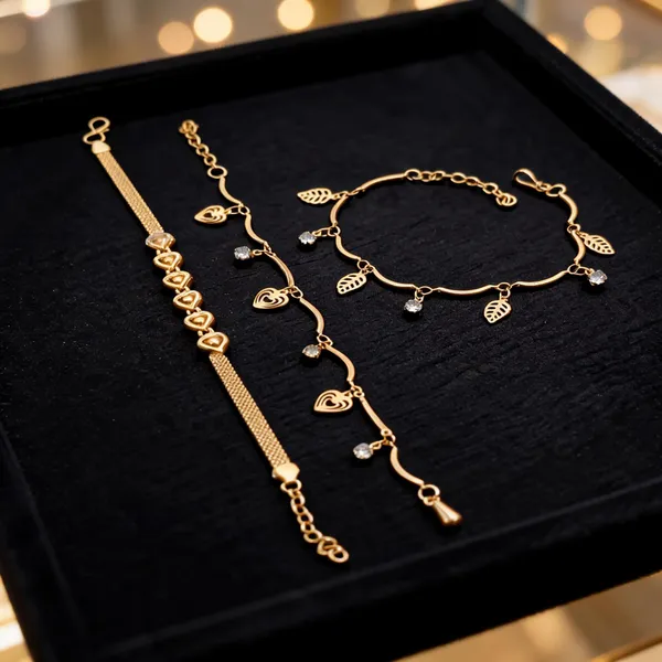 Gold_Brass_Heart_Leaf_Charm_Chain_Bracelet_Set_For_Women