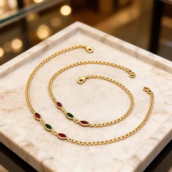 Gold_Brass_Red_Green_Enamel_Chain_Anklet_Set_For_Women