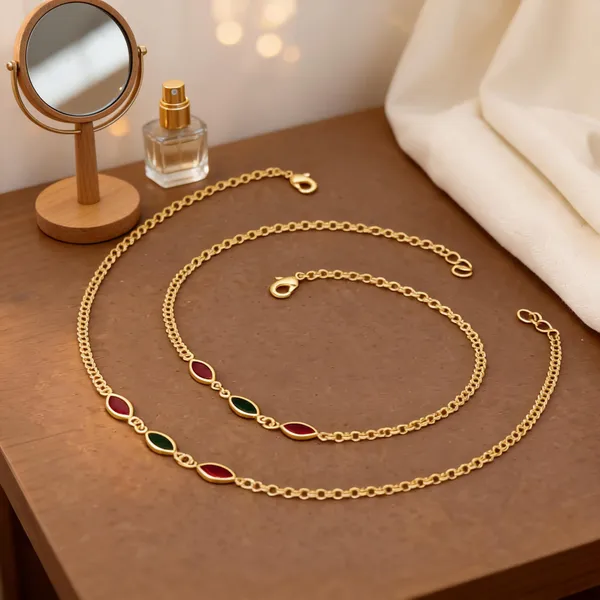 Gold_Brass_Red_Green_Enamel_Chain_Anklet_Set_For_Women