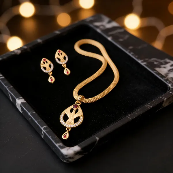 Gold_Brass_Leaf_Teardrop_Pendant_Necklace_And_Earrings_Set_For_Women