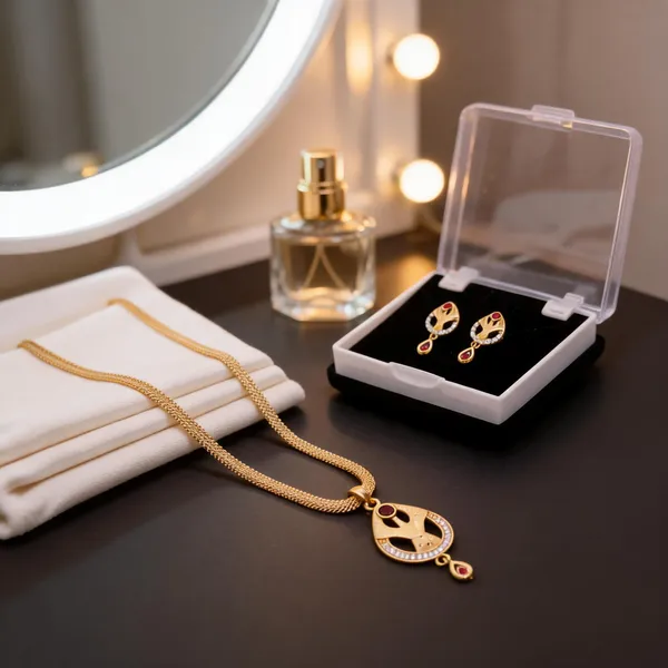 Gold_Brass_Leaf_Teardrop_Pendant_Necklace_And_Earrings_Set_For_Women