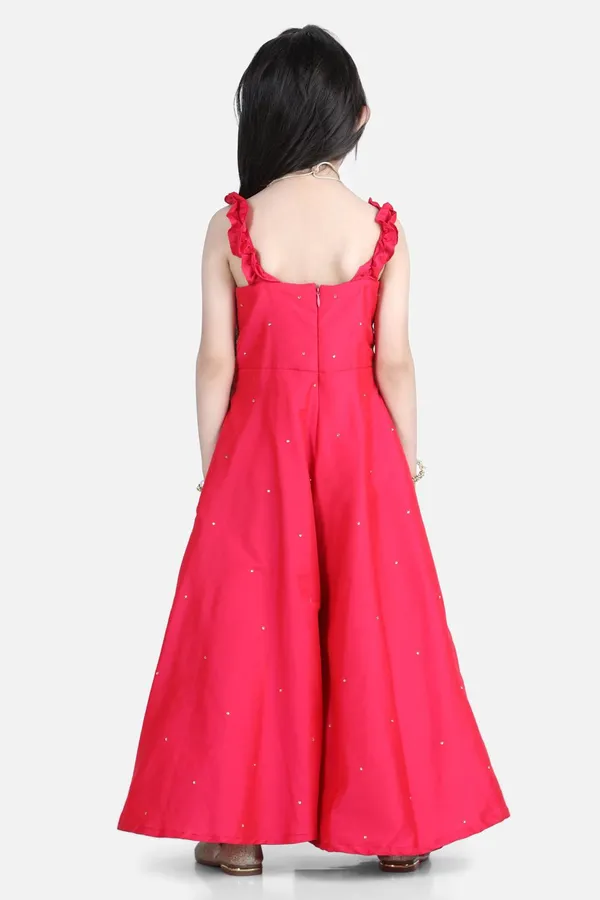 Silk_Jumpsuit_With_Handwork_On_Empire_And_Bottom_Flair_Hot_Pink