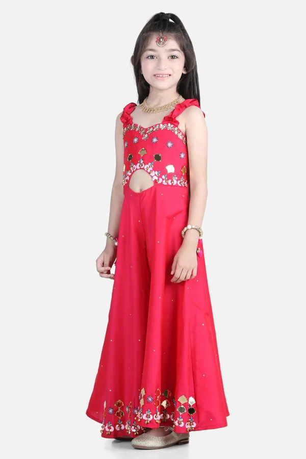 Silk_Jumpsuit_With_Handwork_On_Empire_And_Bottom_Flair_Hot_Pink