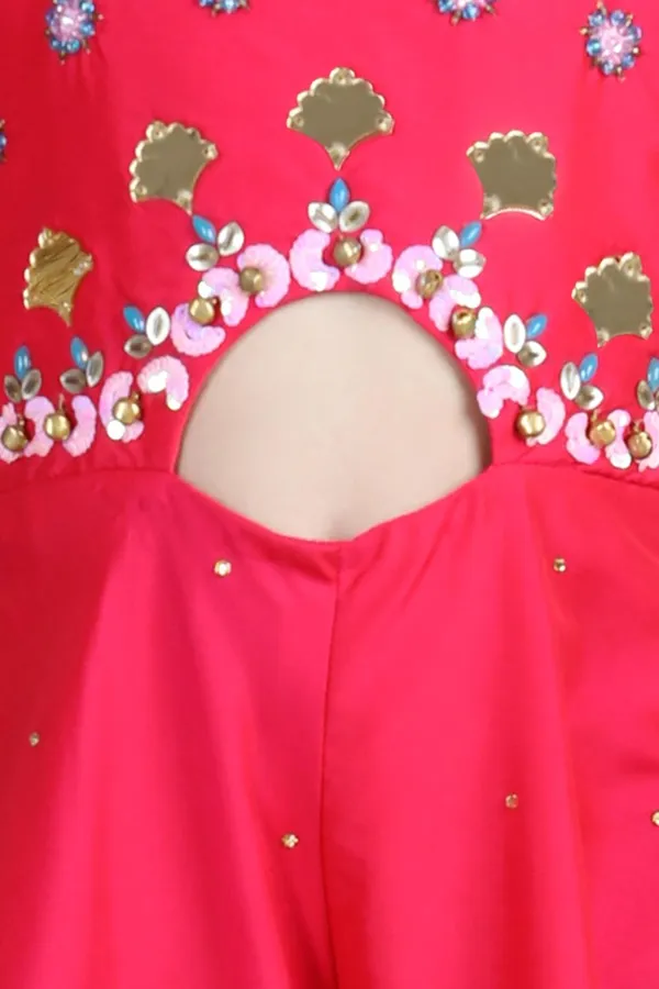 Silk_Jumpsuit_With_Handwork_On_Empire_And_Bottom_Flair_Hot_Pink