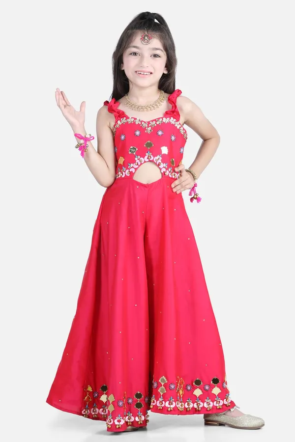 Silk_Jumpsuit_With_Handwork_On_Empire_And_Bottom_Flair_Hot_Pink