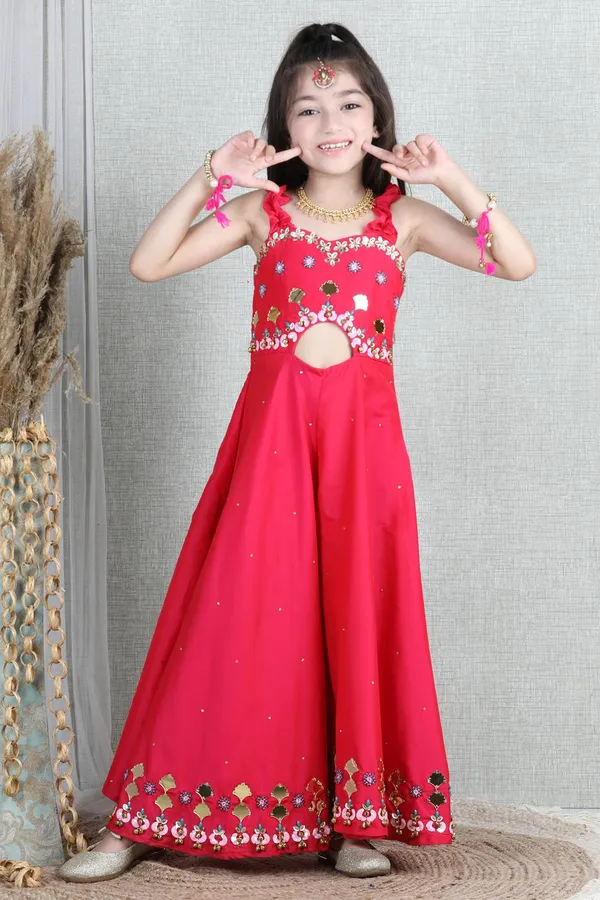 Silk_Jumpsuit_With_Handwork_On_Empire_And_Bottom_Flair_Hot_Pink