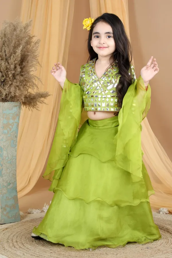 Lehenga_With_Blouse_With_Leather_Work_Green_Color