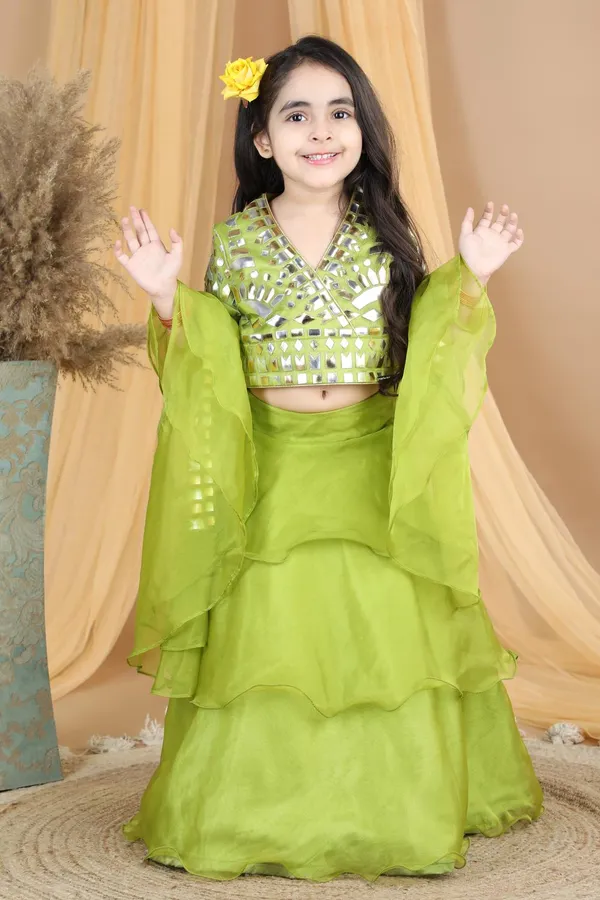 Lehenga_With_Blouse_With_Leather_Work_Green_Color