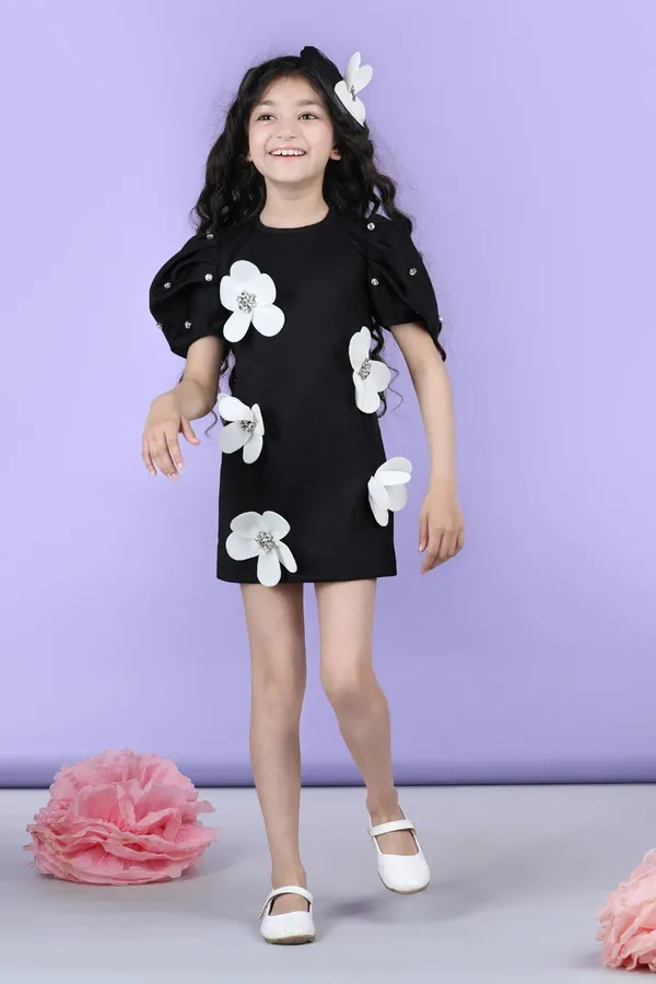 Straight_Dress_Embellished_With_3d_Flower_And_Stone_Scattering_Black