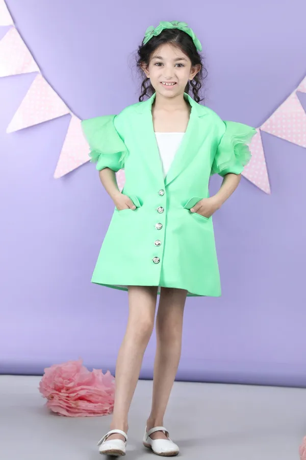 Trendy_Coat_Style_Dress_With_Puff_Sleeves_And_Inner_Mint_Green