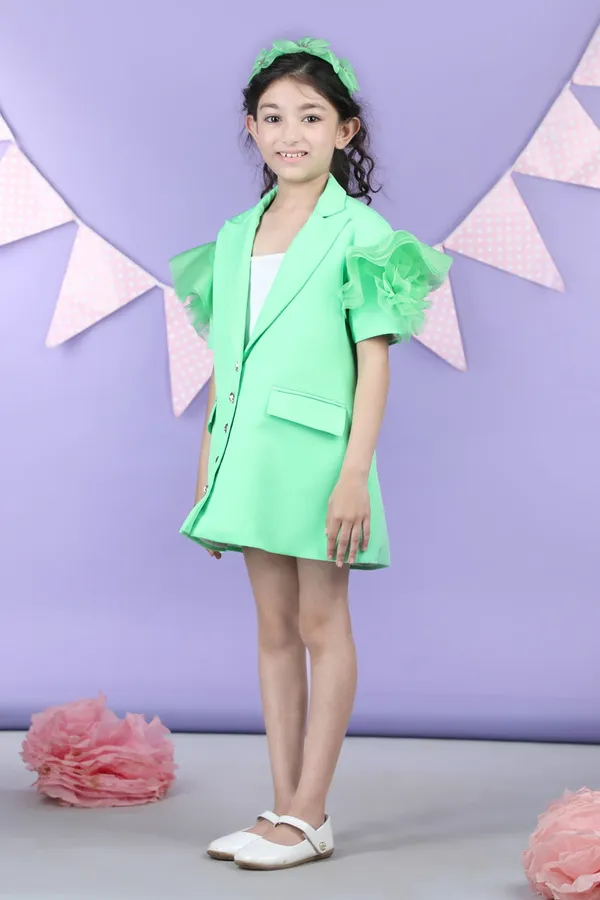 Trendy_Coat_Style_Dress_With_Puff_Sleeves_And_Inner_Mint_Green