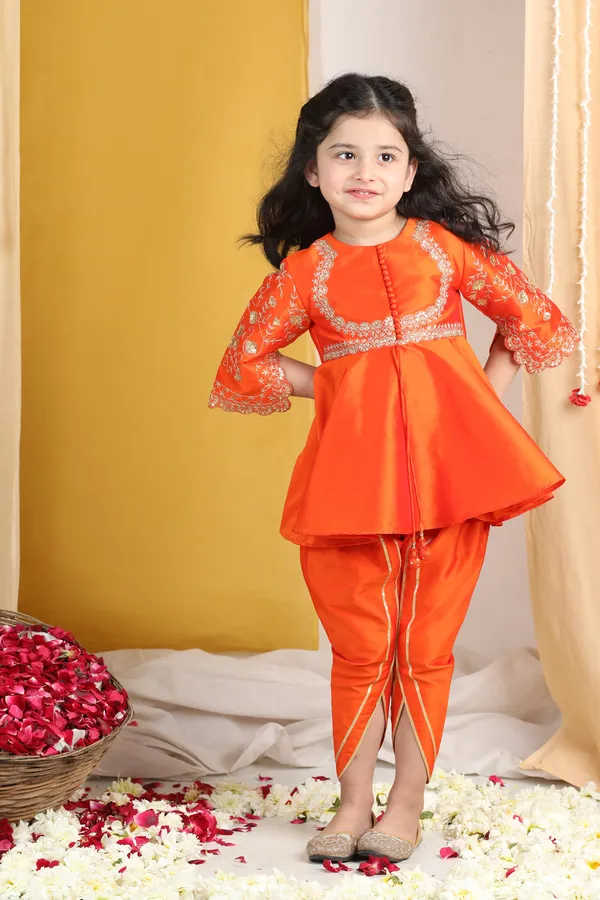 Girl_Peplum_Suit_With_Embroidery_Orange
