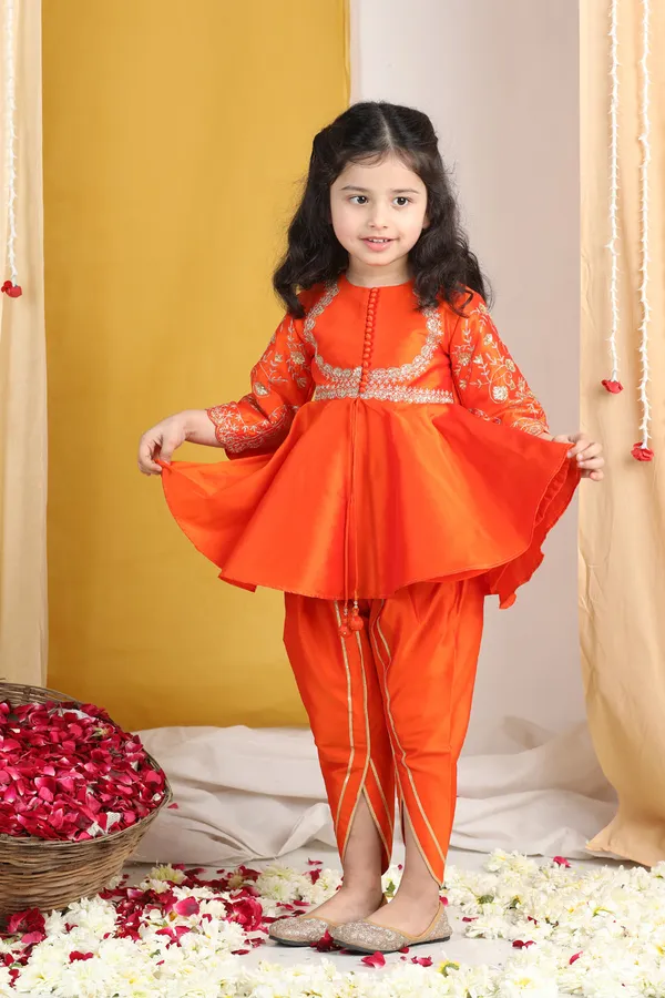 Girl_Peplum_Suit_With_Embroidery_Orange