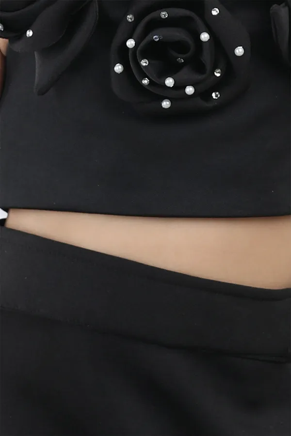 Black_Fabric_Flower_Top_With_Flared_Lehenga_Black