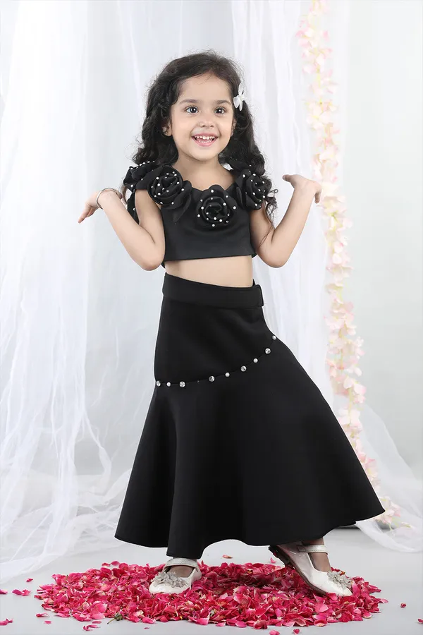 Black_Fabric_Flower_Top_With_Flared_Lehenga_Black
